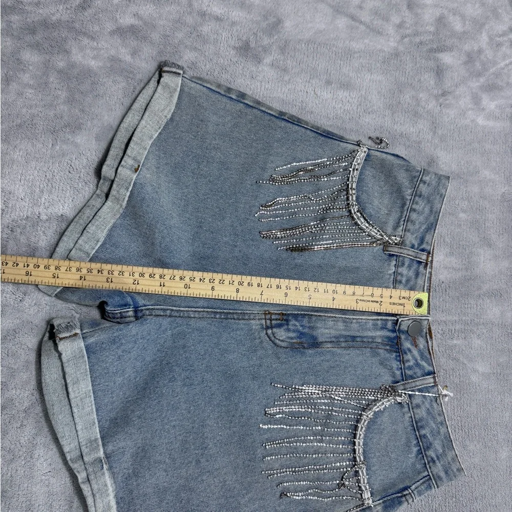 CLOUD TEN S BEING BLING FRINGE SHORTS CUFFED DENIM HI‎ WAIST RHINESTONES SEQUINS - Picture 4 of 8